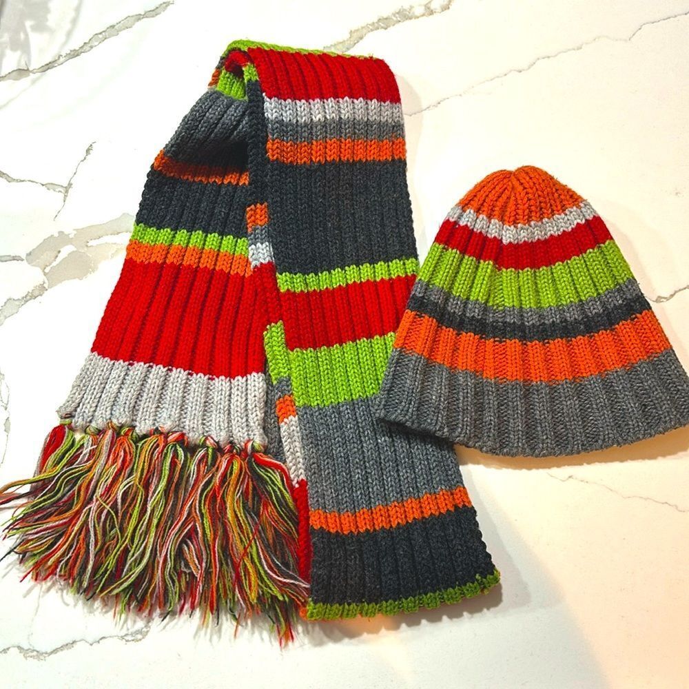 Youth Boys Girls Striped Knit Hat & Scarf Set Beanie Orange Red Grey